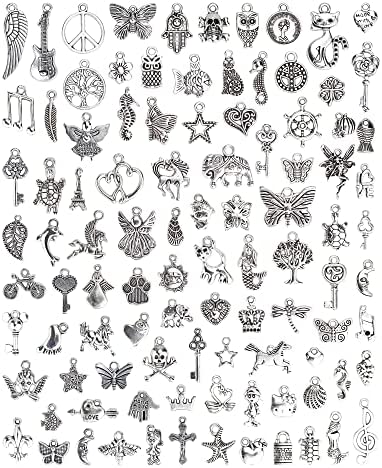 JIALEEY Wholesale Bulk Lots Jewelry Making Silver Charms Mixed Smooth Tibetan Silver Metal Charms Pendants DIY for Necklace Bracelet Jewelry Making and Crafting, 100 PCS